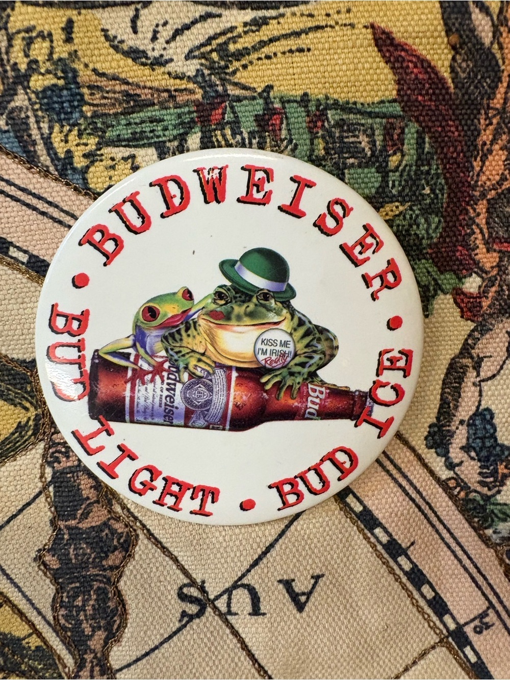 Budweiser Frog Vintage Pin - White Background, Red Lettering